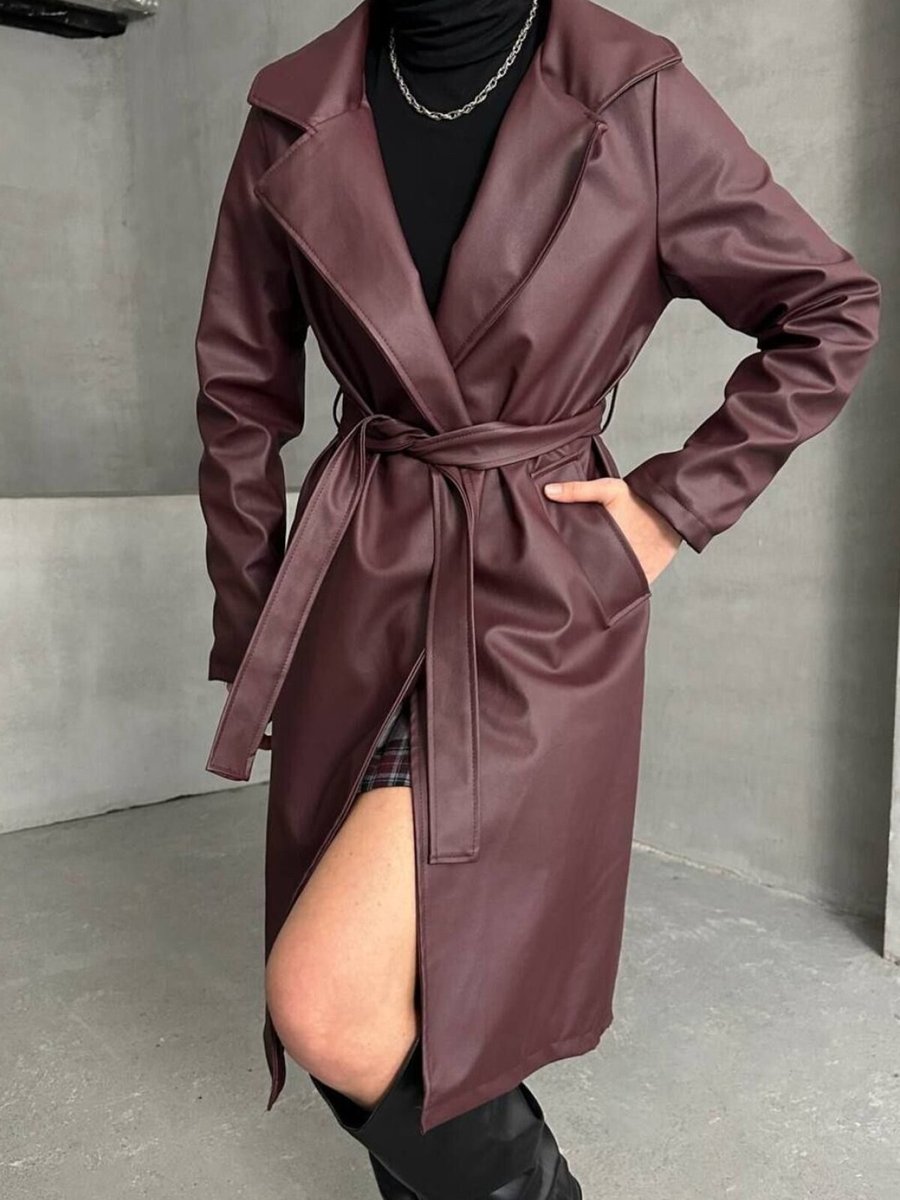 İLKCET MODA Bordo Kuşaklı Düğmesiz Suni Deri Uzun Trençkot