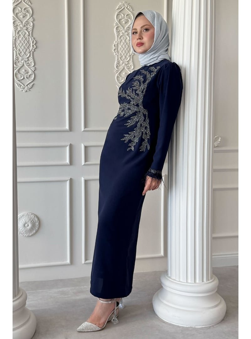 InStyle Taş Yaka Tüylü Kol Lacivert Abiye Elbise