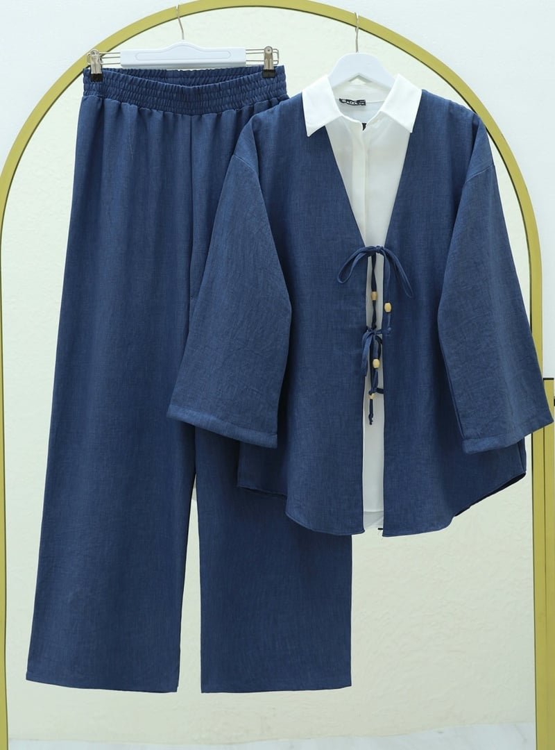 Podyumplus İndigo Önü Çift Bağlamalı Pantolonlu Kimono Takım
