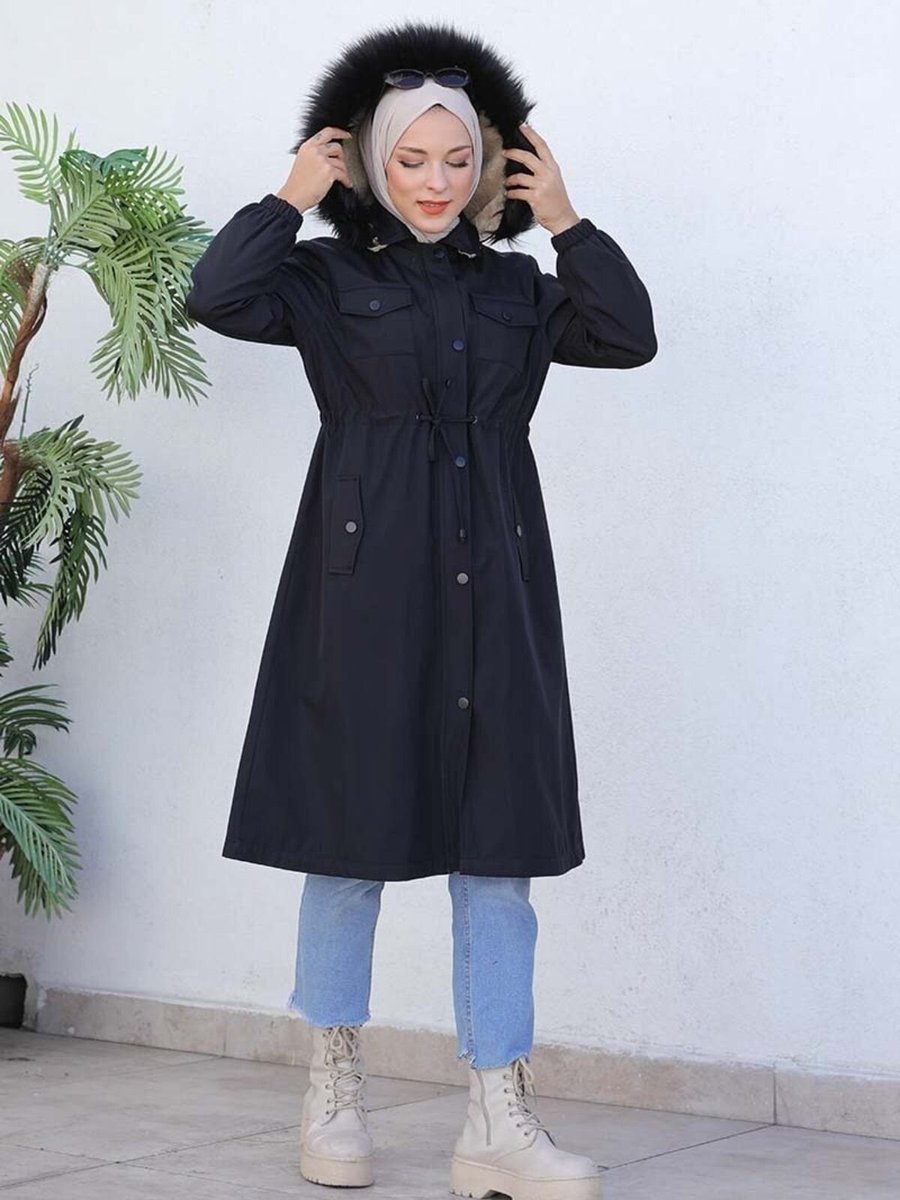 Mec Fashion Siyah Bondit Kumaş Kürklü Kaban