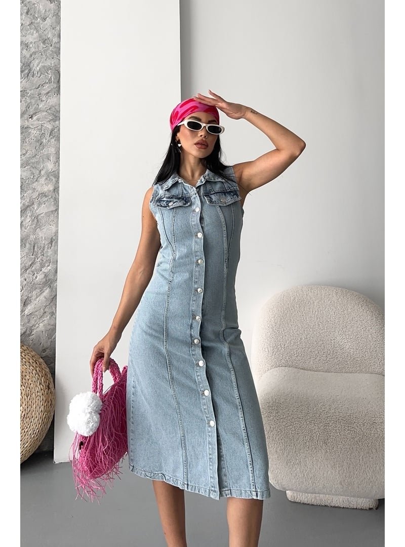 Destemoda Kot Uzun Düğmeli Tunik Çift Cepli Yelek Buz Mavi
