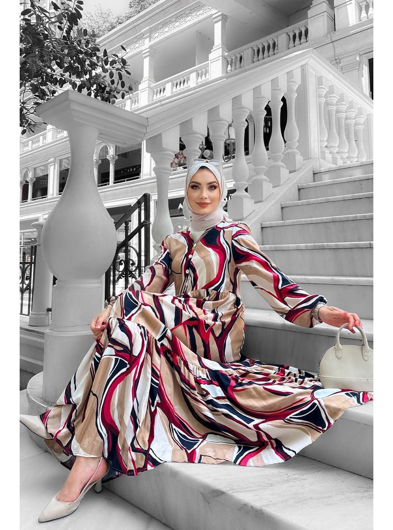 Liz Butik Bordo Etnik Desenli Elbise