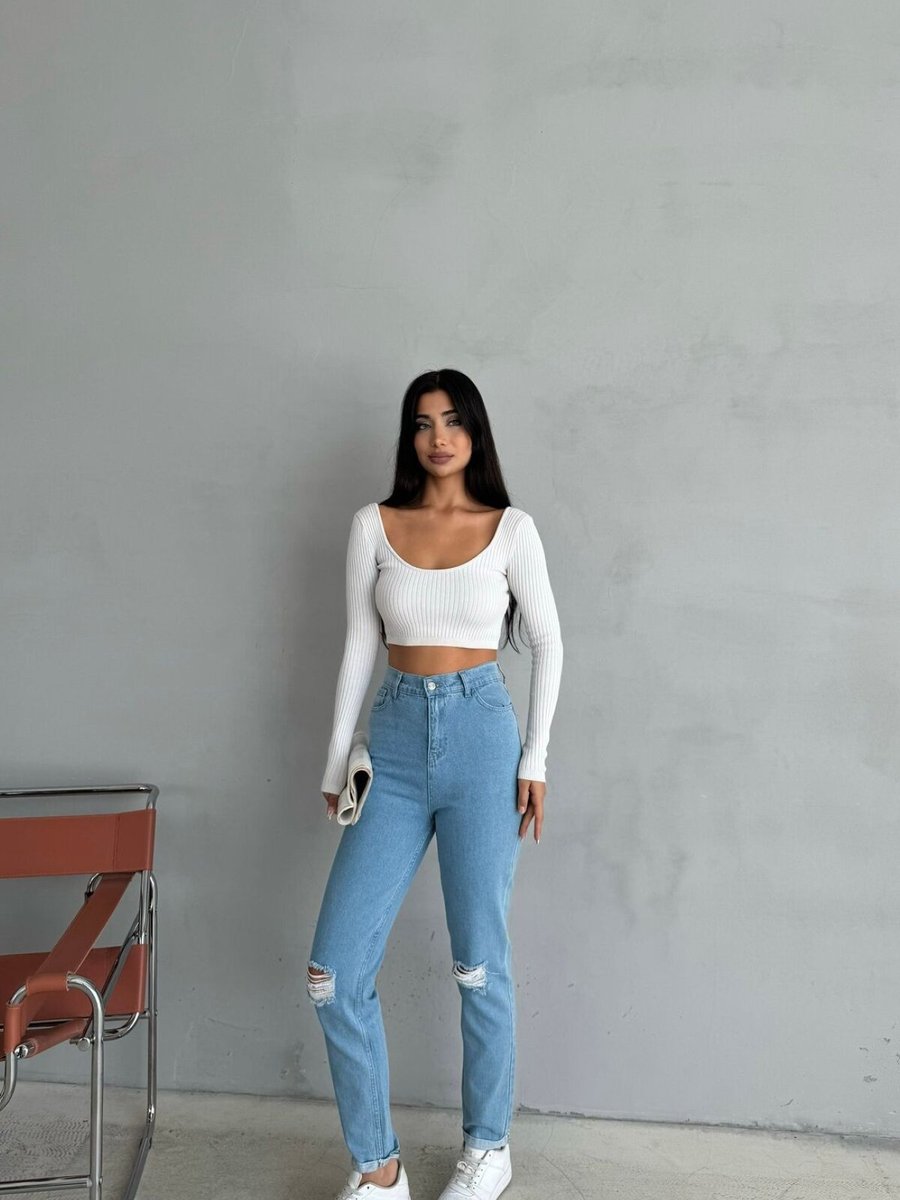 LOISY Mavi Likralı Diz Yırtmaçlı Dar Paça Jean Lazer Yırtıklı Kot Pantolon