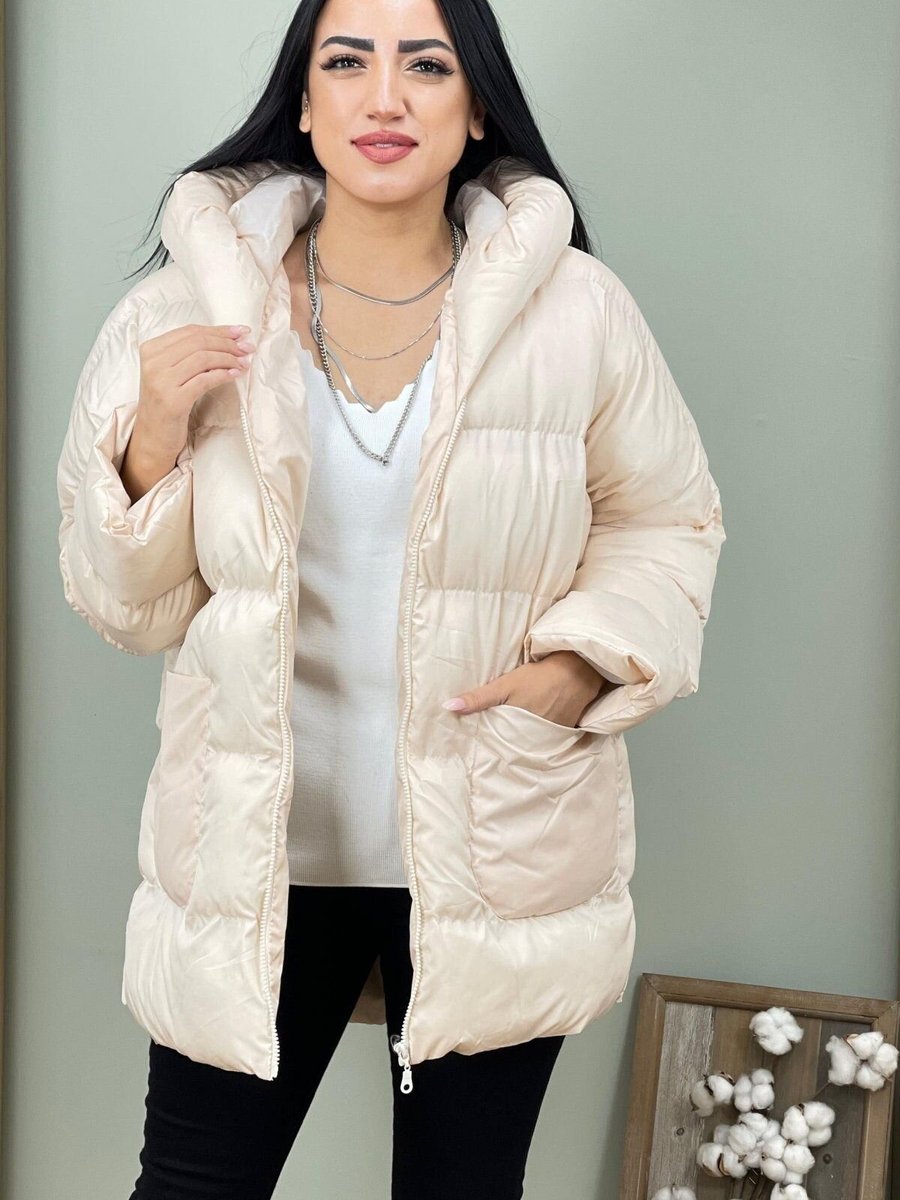 Swana Krem Oversize Şişme Uzun Kalın Su Geçirmez Mont