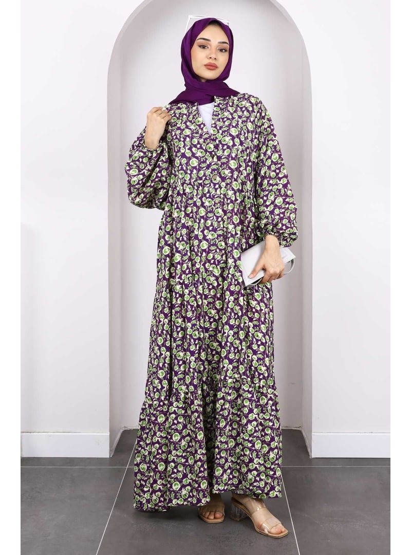 İmaj Butik Mor Yarım Düğmeli Eteği Katlı Elbise