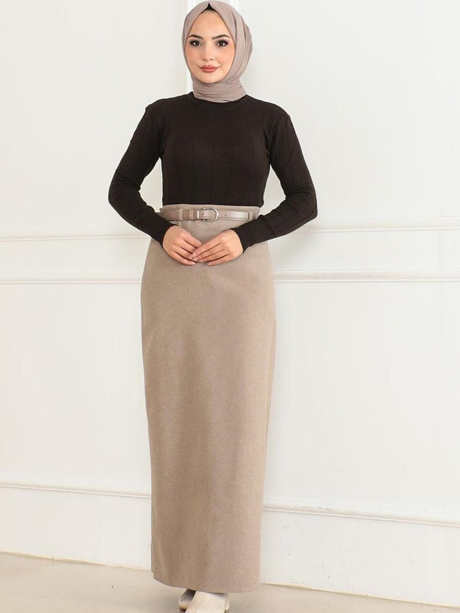 Mec Fashion Vizon Uzun Kemerli Kaşe Kalem Etek