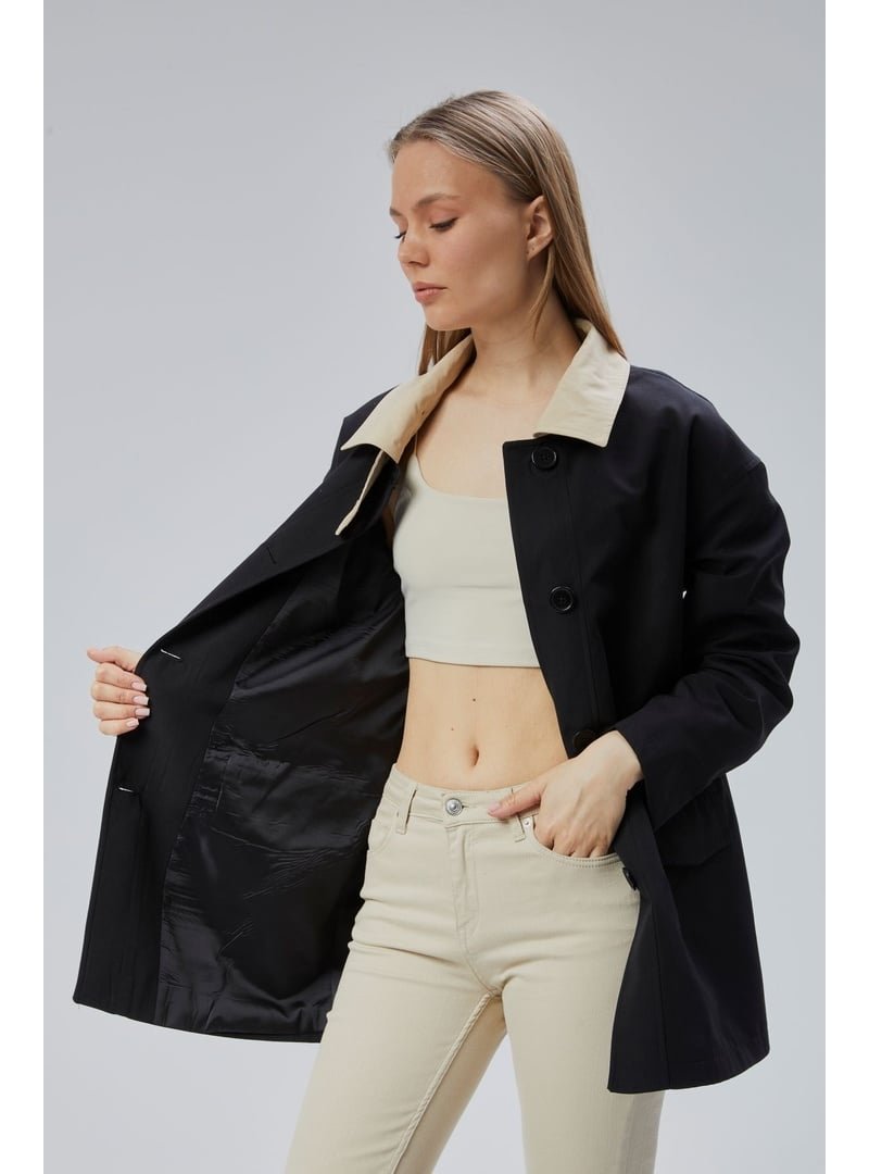 Bolivente Oversize Casual Midi Trençkot Siyah