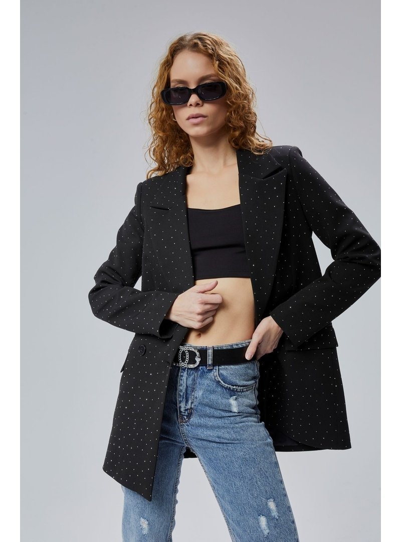 Bolivente Siyah Regular Dokuma Astarlı Taş Detaylı Blazer Ceket