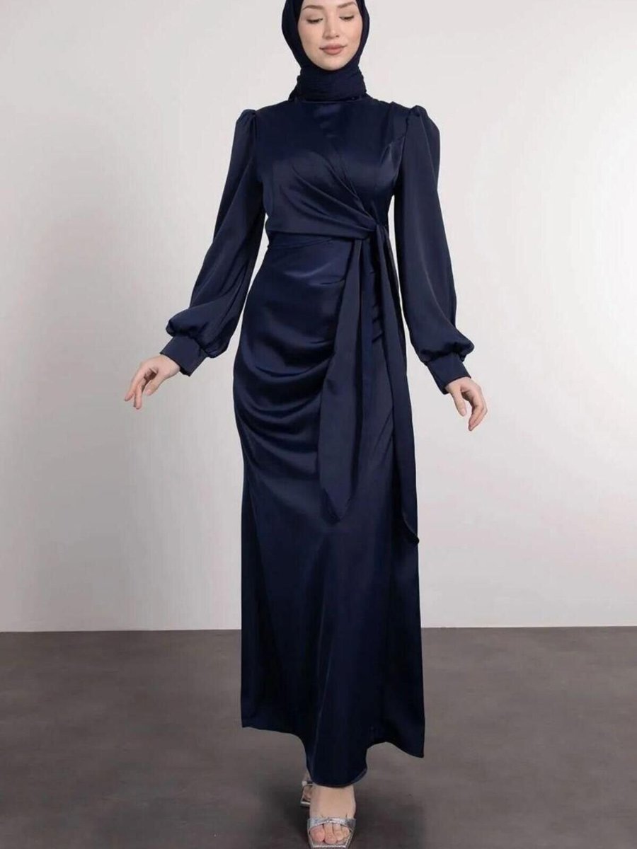 Suedcollection Lacivert Yandan Bağlamalı Pile Detaylı Saten Abiye Elbise