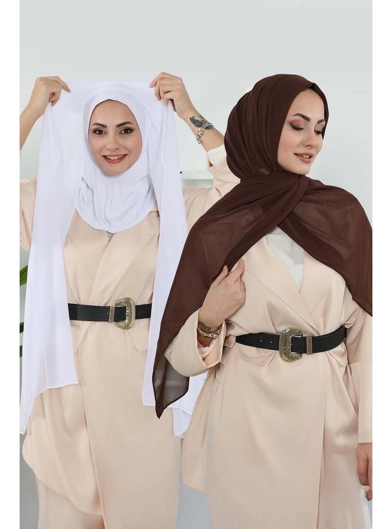 Aisha`s Design Kahverengi 2'li Set Penye İç Boneli Şifon Şal,ps 46set Beyaz