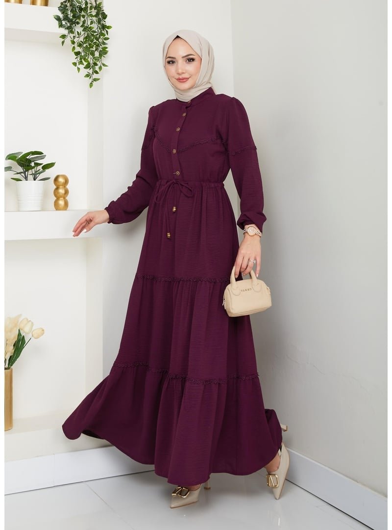 Harmatime butik Dantel Detaylı Bel Bağcıklı Gül Kurusu Ayrobin Elbise