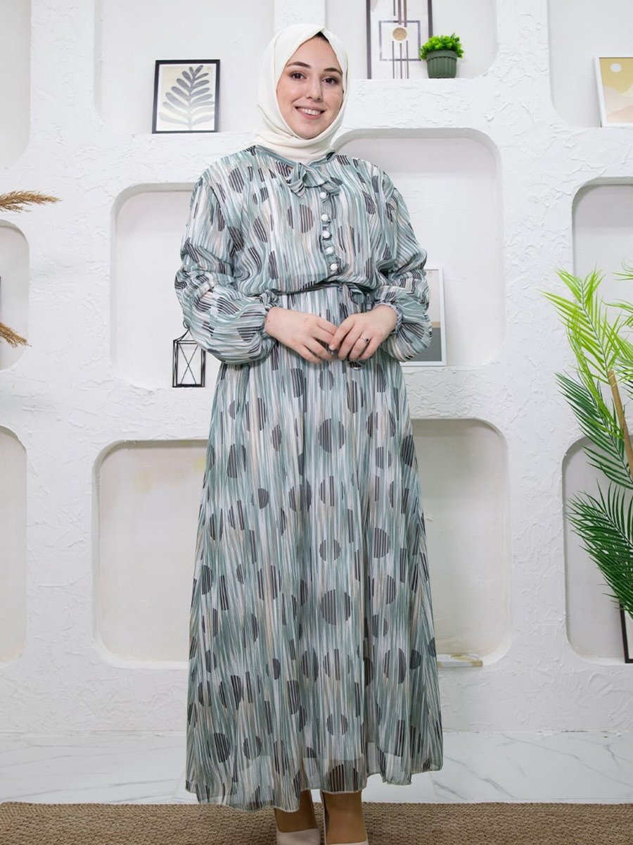 Mec Fashion Yeşil Çizgi Desenli Elbise