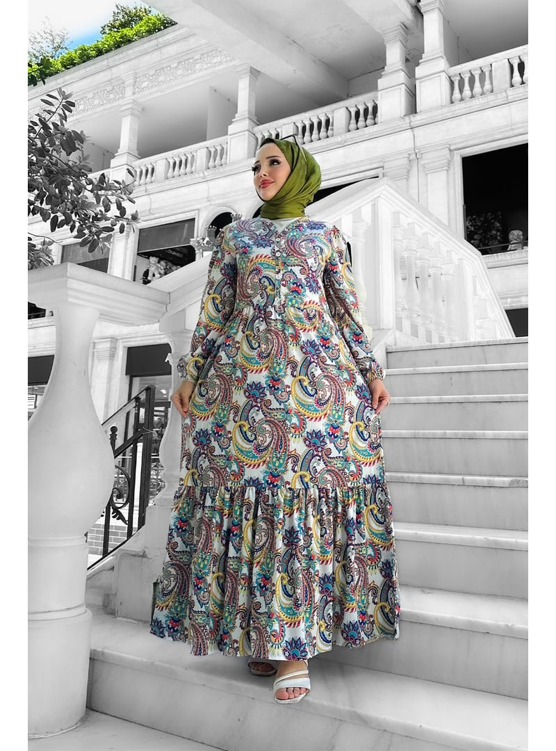 Liz Butik Bej Selena Desenli Viskon Elbise