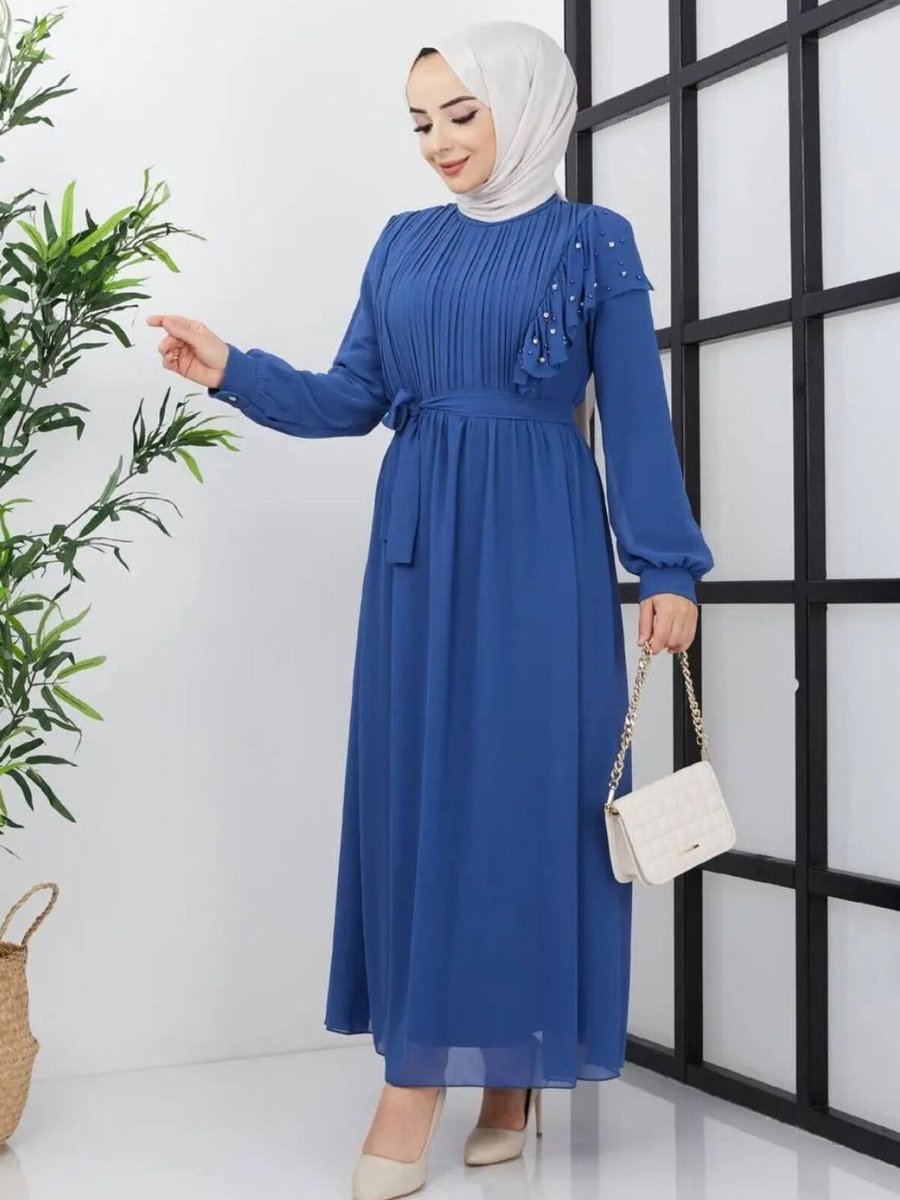 Mec Fashion İndigo İnci Detaylı Elbise