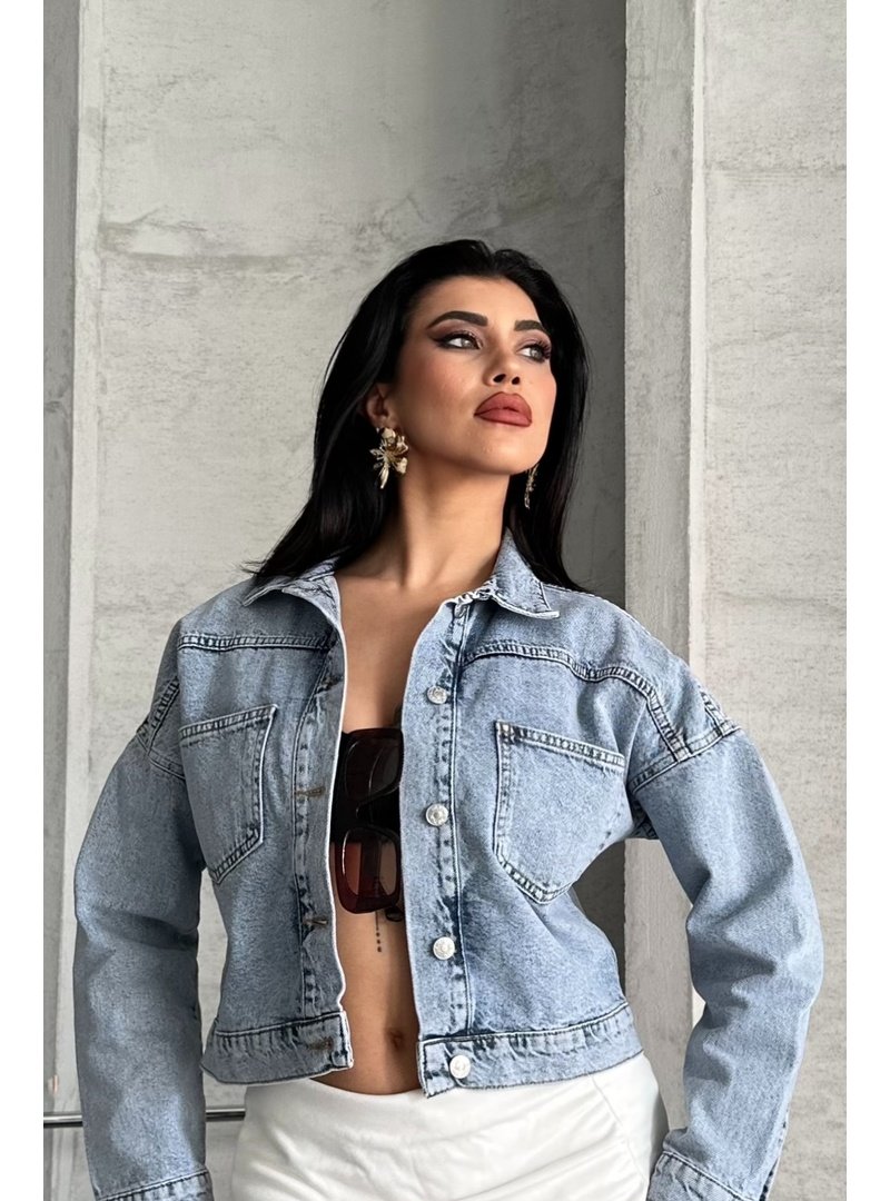 Destemoda Kot Çift Cepli Denim Ceket Buz Mavi