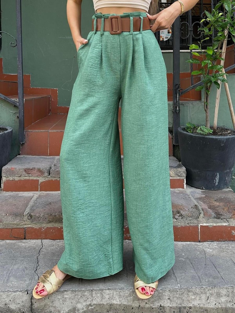 Moda cameo Yeşil Keten Kemerli Bol Paça Pantolon