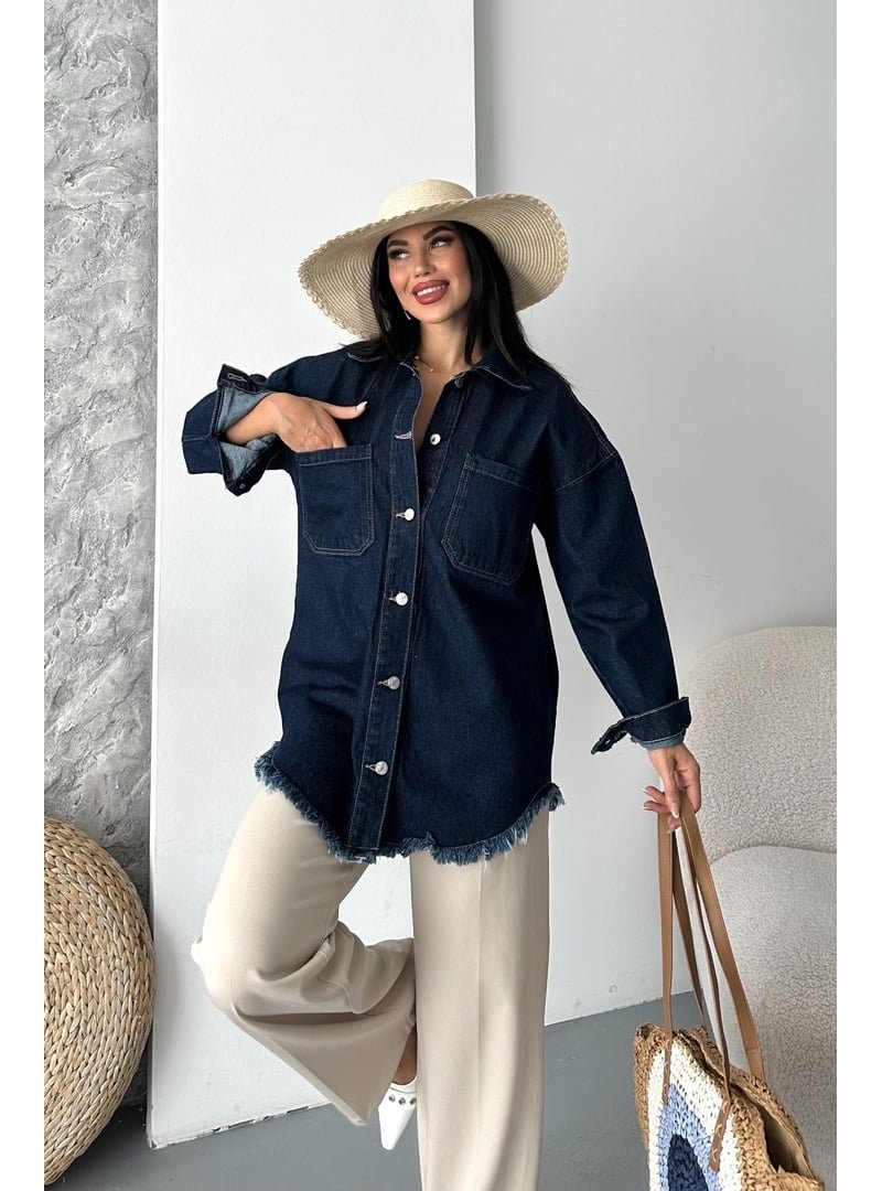 Destemoda Koyu Mavi Kot Gömlek Yakalı Eteği Püsküllü Denim Ceket