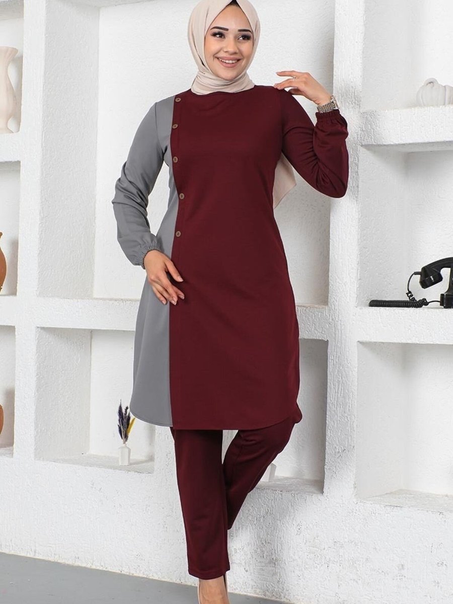 Mec Fashion Bordo Düğmeli İki Renkli İkili Takım