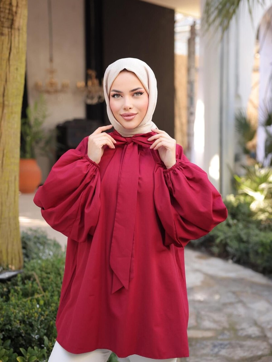 Nergis Neva Butik Bordo Yakası Fularlı Pileli Tunik