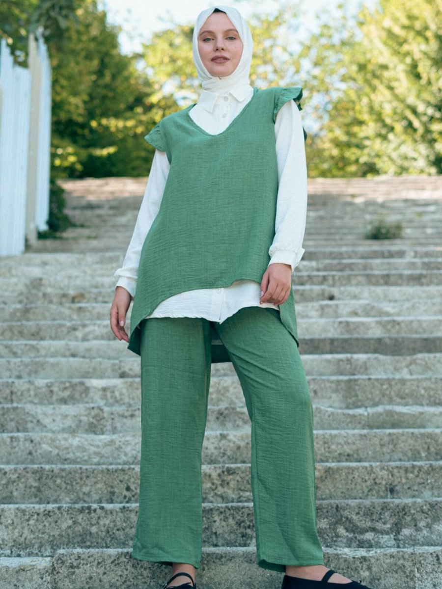 Mec Fashion Yeşil Fırfırlı Üçlü Keten Takım