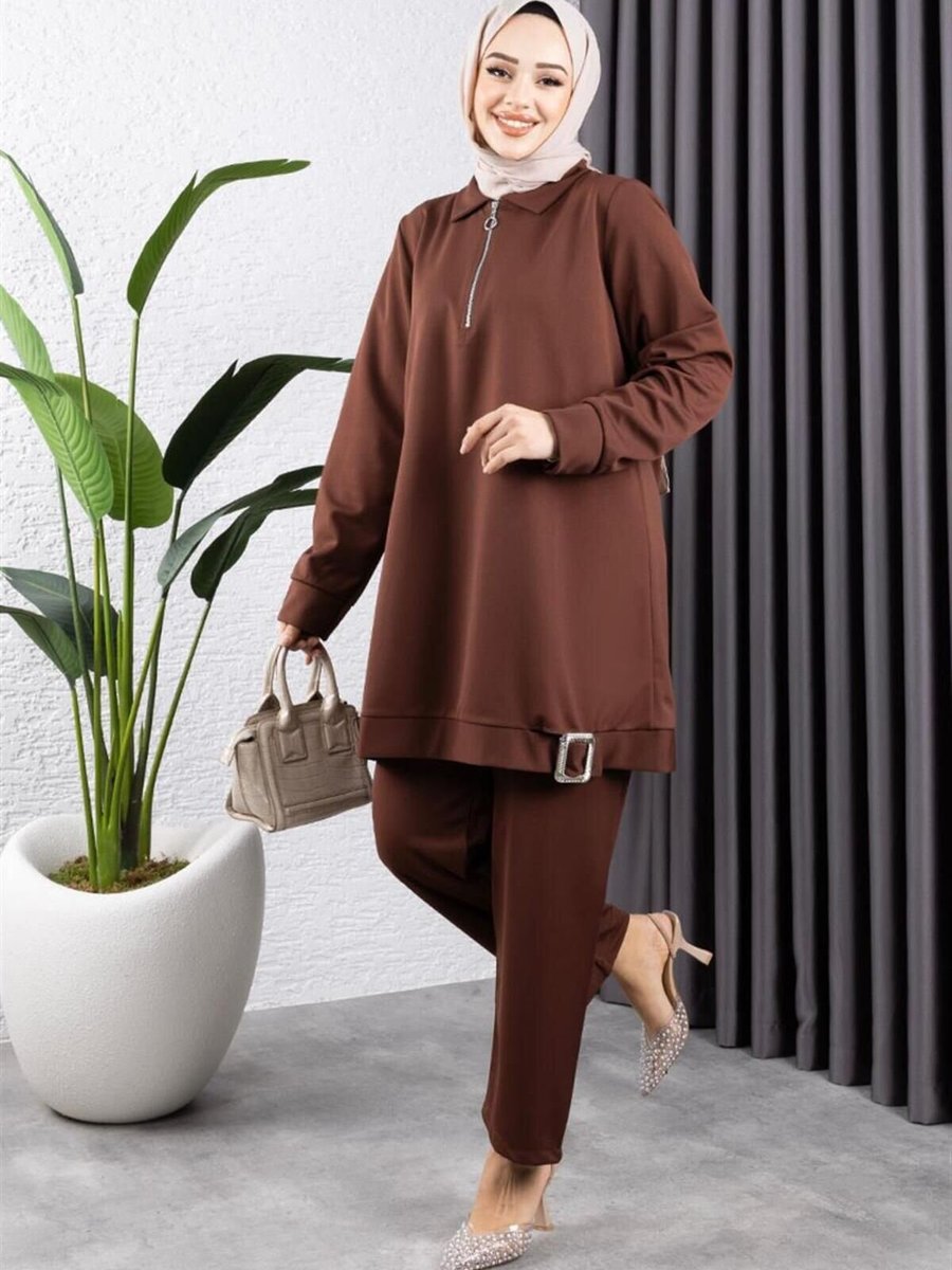 Mec Fashion Kahverengi Yarım Fermuarlı Spor İkili Takım