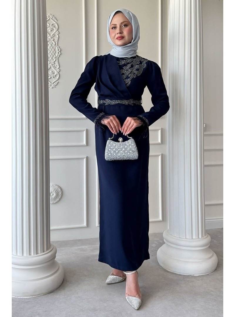 InStyle Taş Yaka Tüylü Kol Abiye Elbise