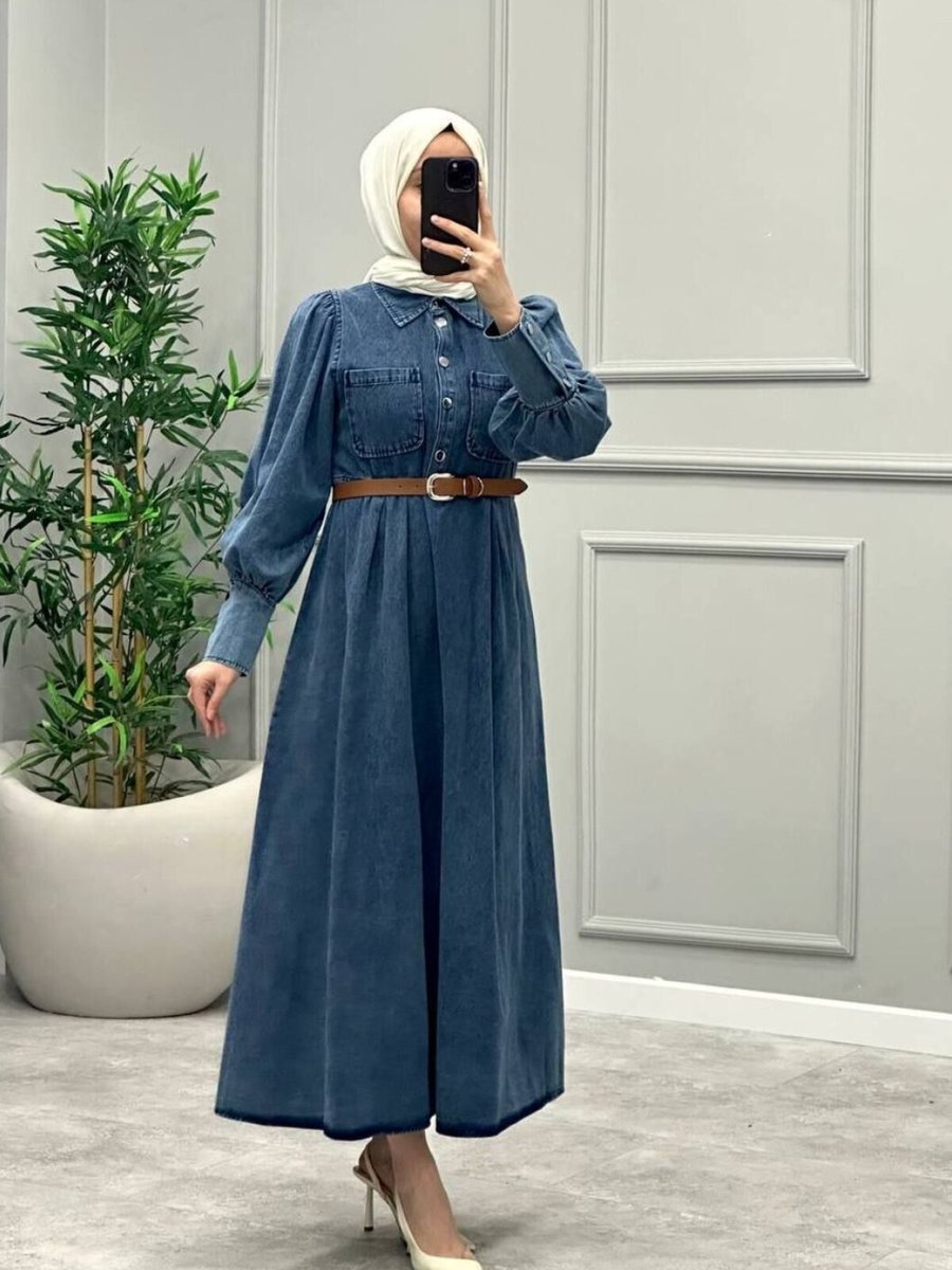 OlaLady Lacivert Midi Kolları Manşetli Deri Kemerli Kot Elbise