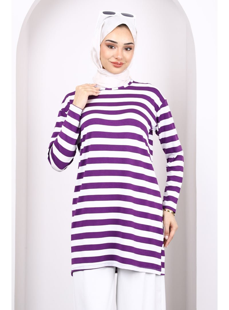 İmaj Butik Mor Çizgili Uzun Kol Tunik