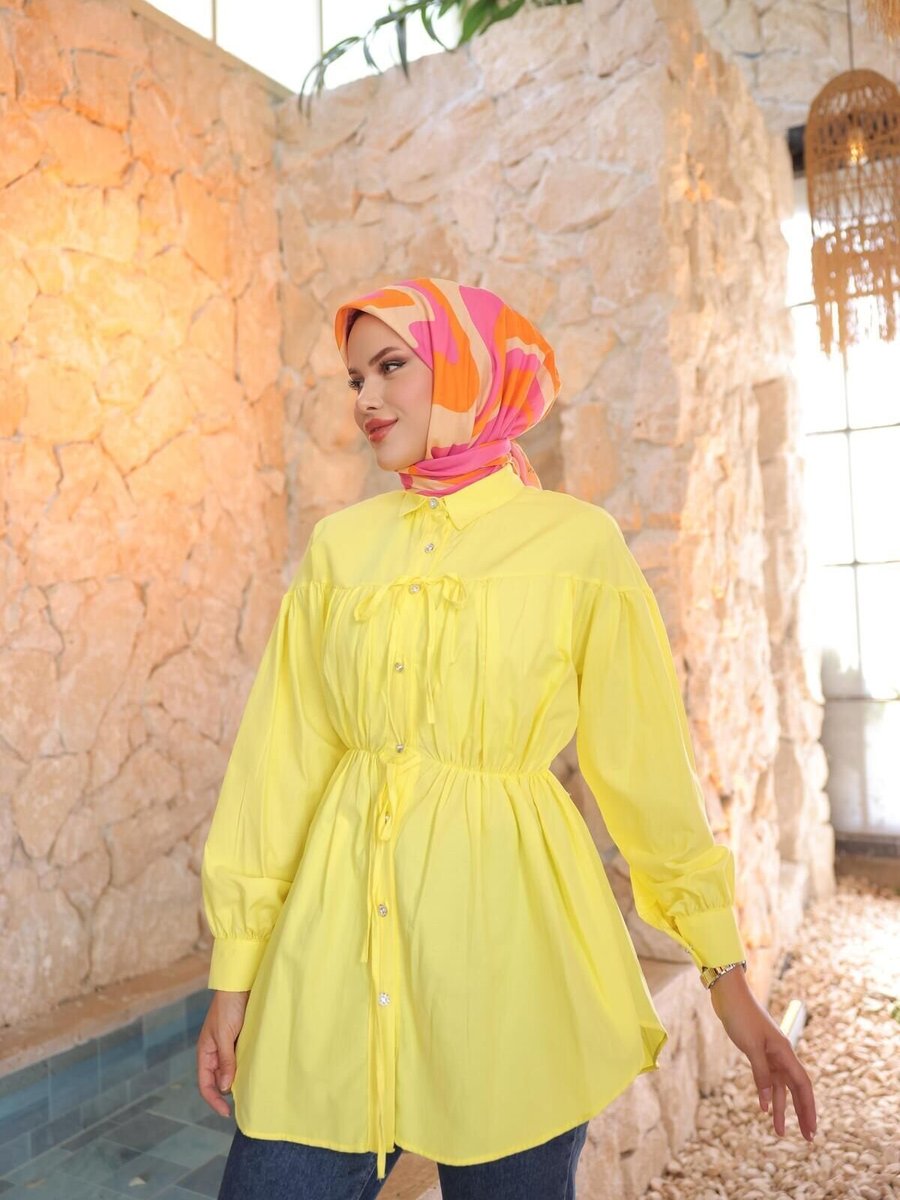Nergis Neva Butik Sari Beli Büzgülü Bağlamalı Tunik