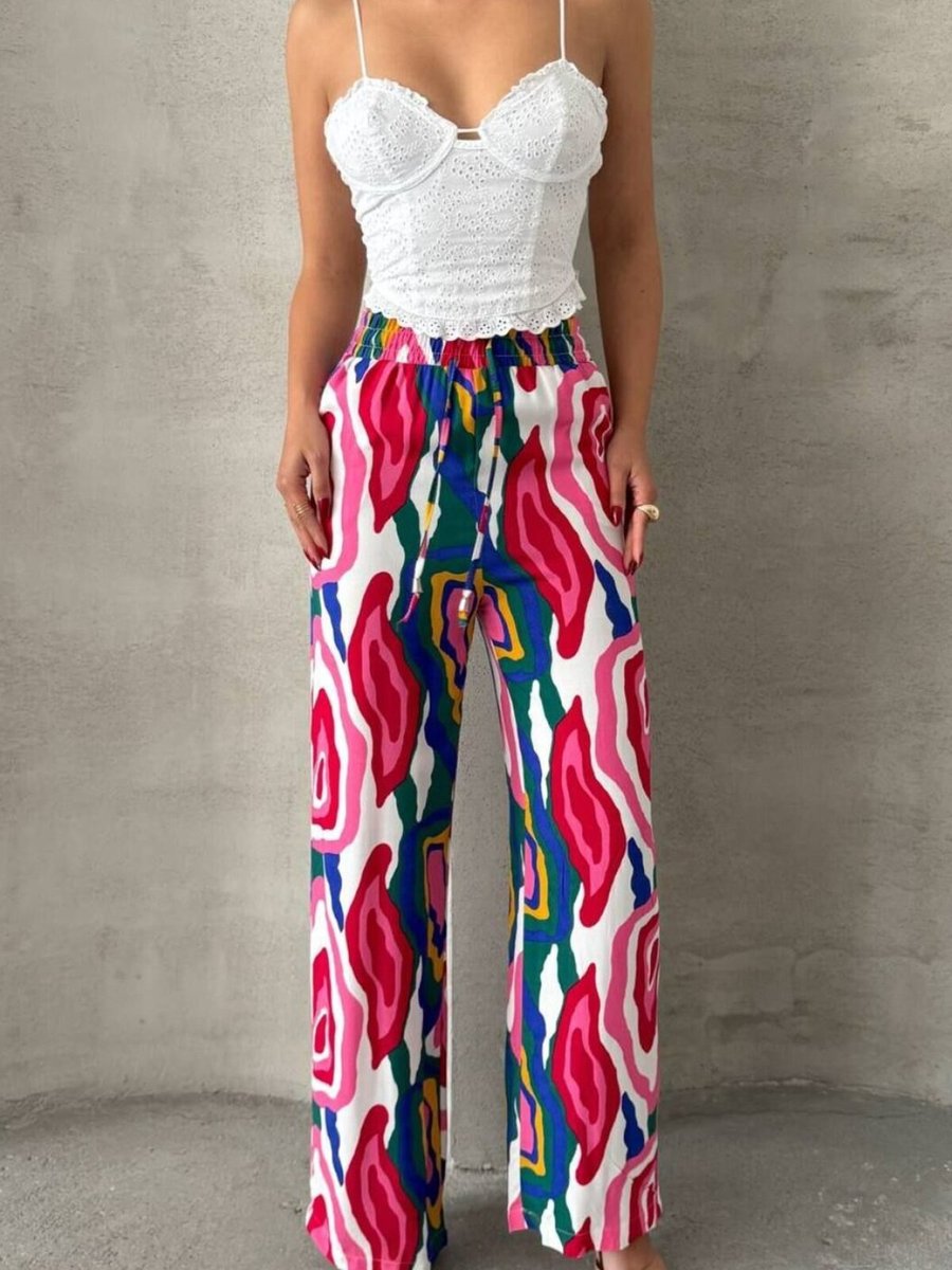 İLKCET MODA Pembe Desenli Bol Paça Viskon Pantolon