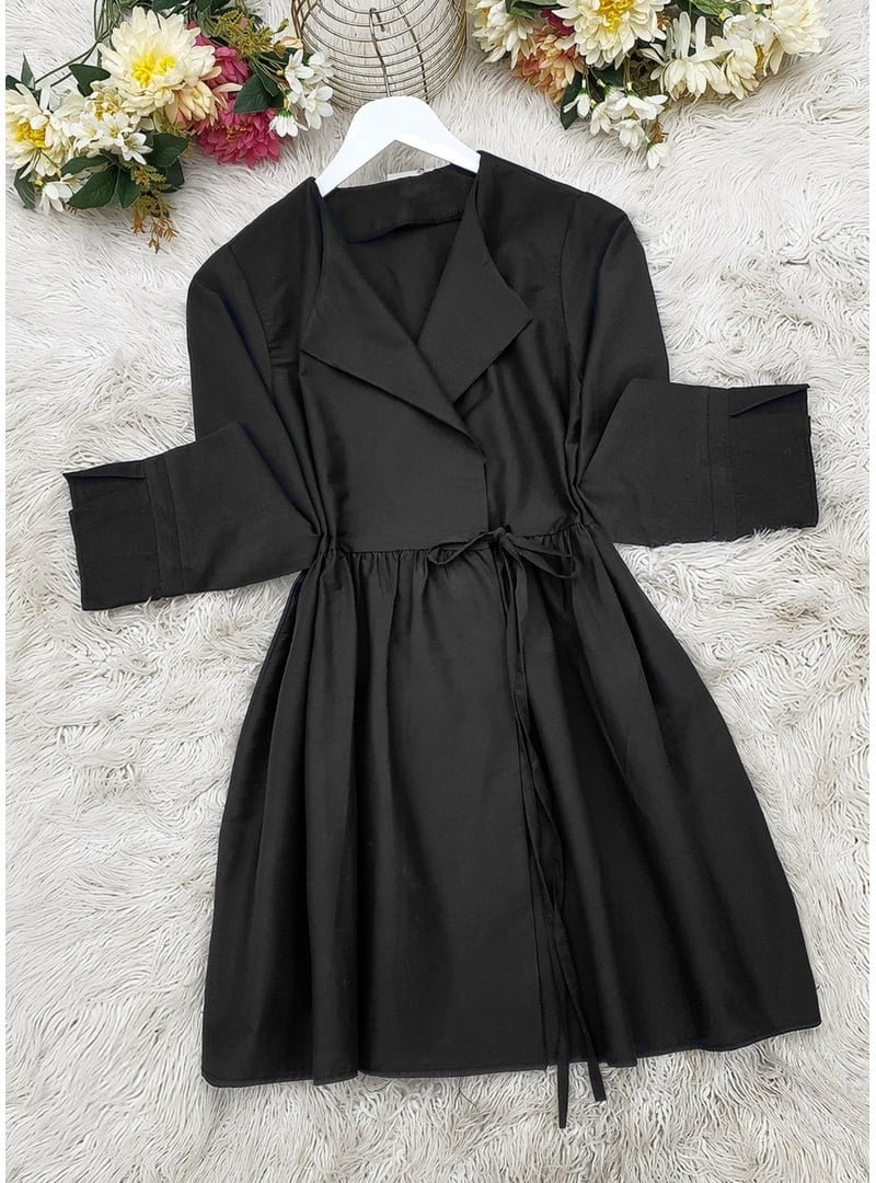 Podyumplus Siyah Yan Bağcıklı Kol Manşeti Yırtmaçlı Kimono
