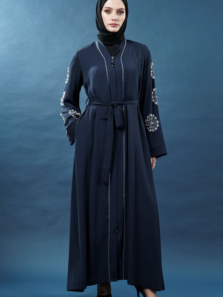 Mec Fashion Lacivert İnci Detaylı Fermuarlı Kuşaklı Abaya