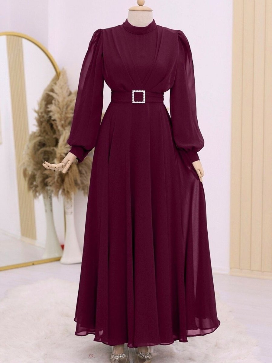 HİJABAYA Bordo Kemeri Taşlı Önü Pileli Elbise