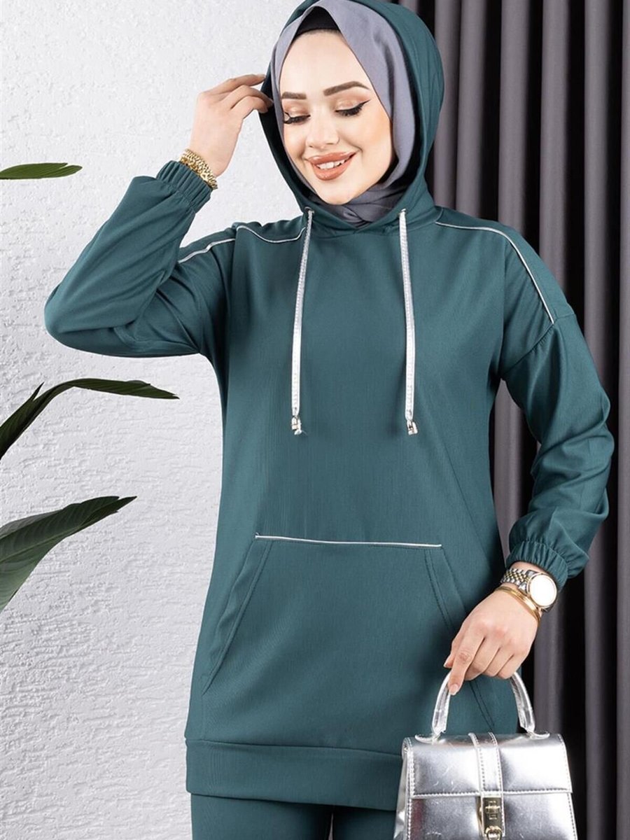 Mec Fashion Yeşil Biyeli Kapüşonlu Spor İkili Takım