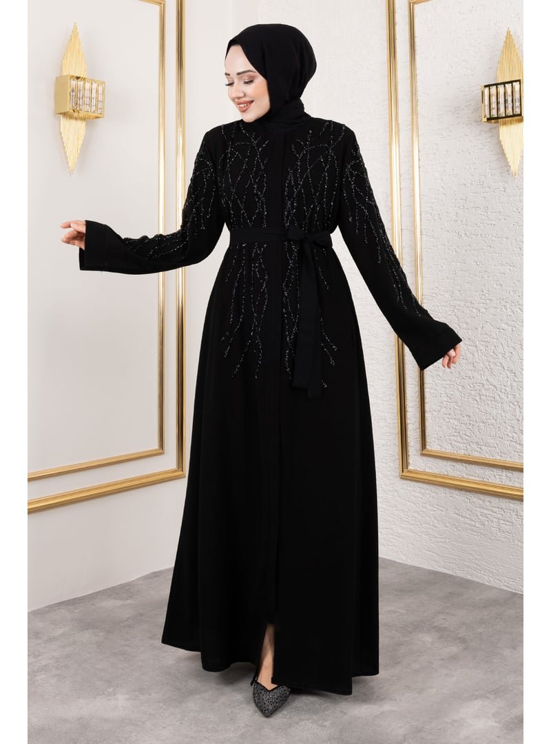 Tesettür Dünyası Siyah Gizli Fermuarlı Taş Detaylı Abaya