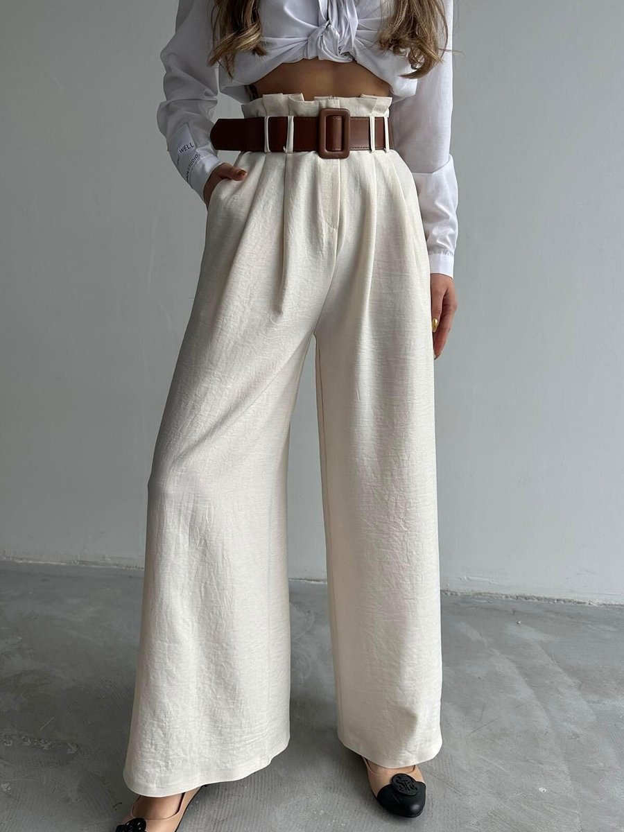 Moda cameo Taş Keten Kemerli Bol Paça Pantolon