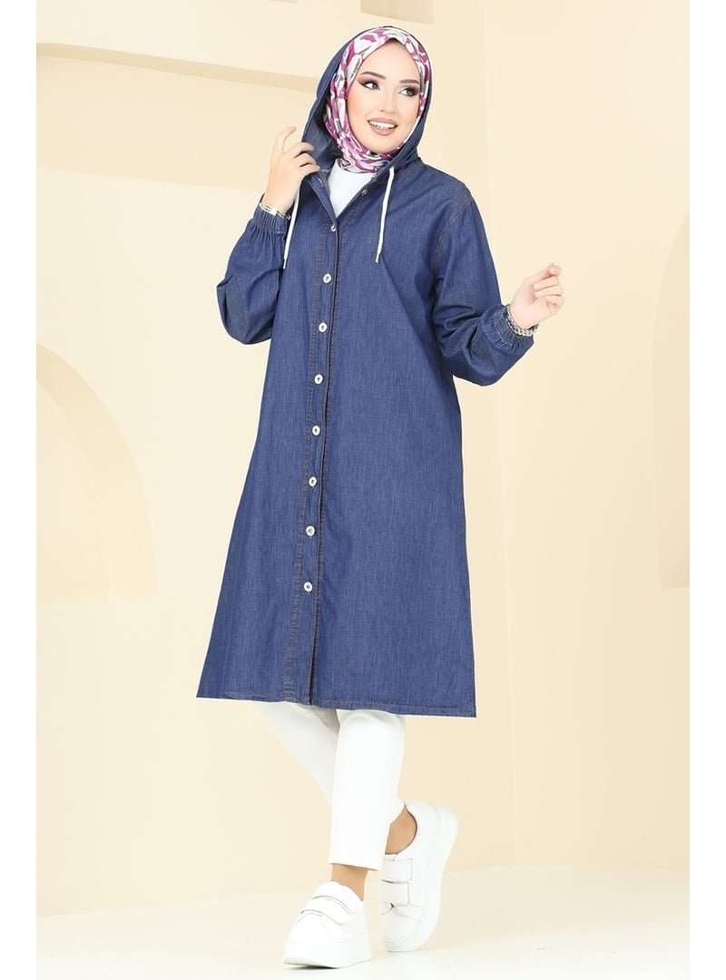 Tofisa Mavı Kapüşonlu Düğmeli Denim Kap Mavi
