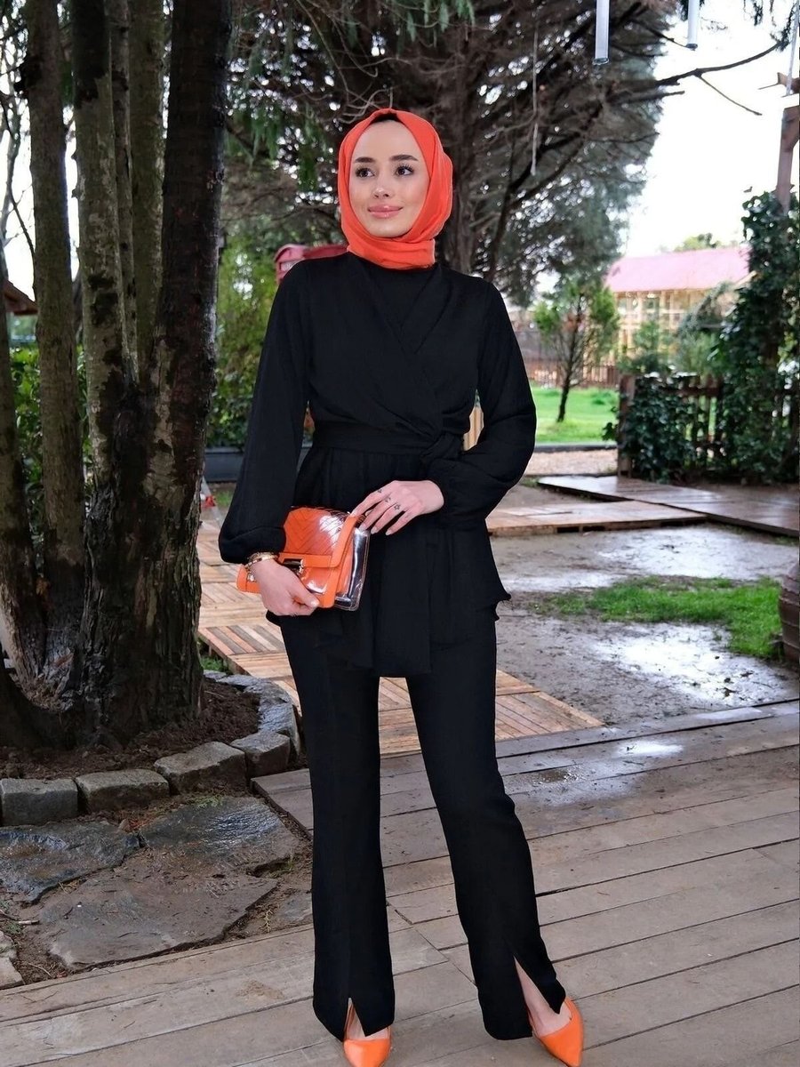 Swana Siyah Bel Büzgülü Kemerli İkili Takım