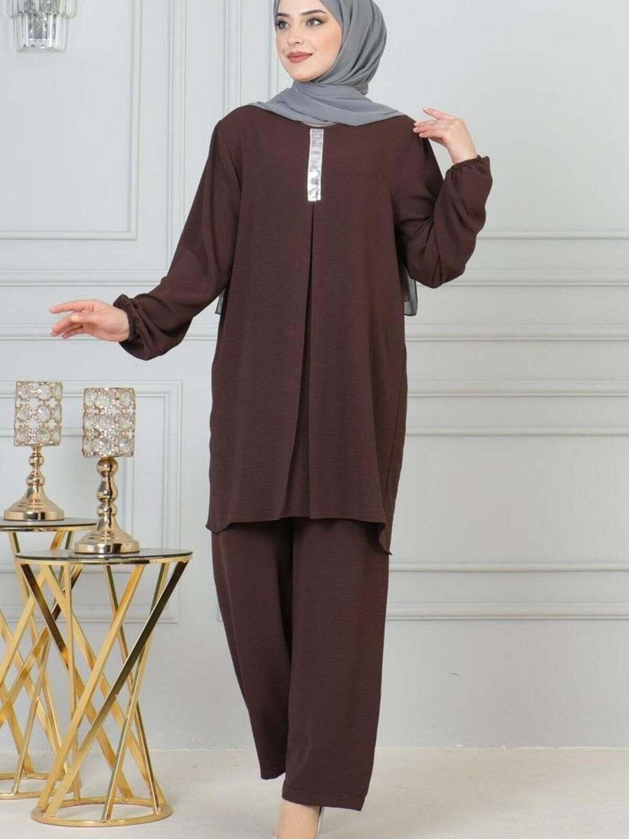 Mec Fashion Kahverengi Payet Detaylı İkili Takım