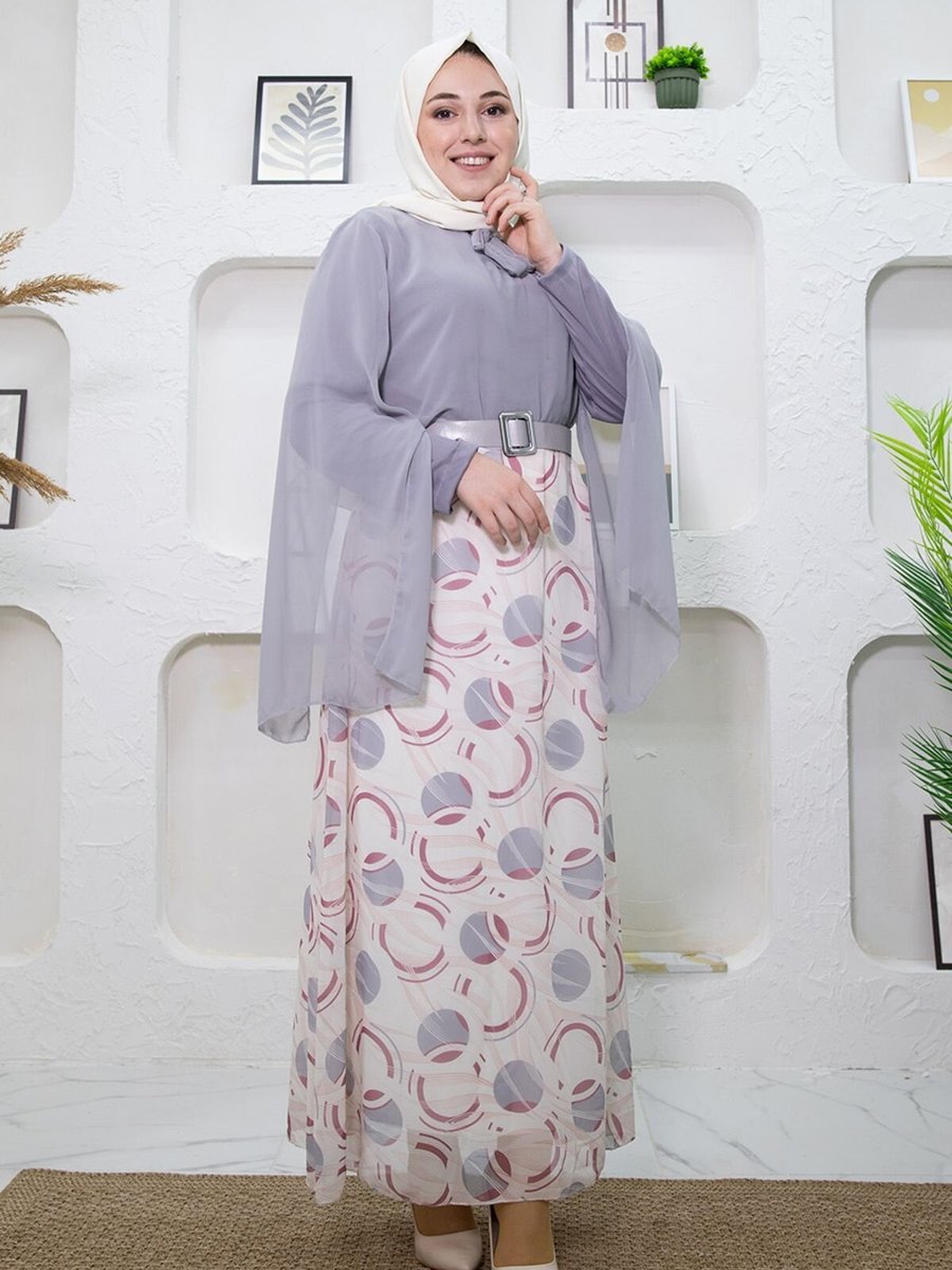 Mec Fashion Gri Eteği Desenli Elbise