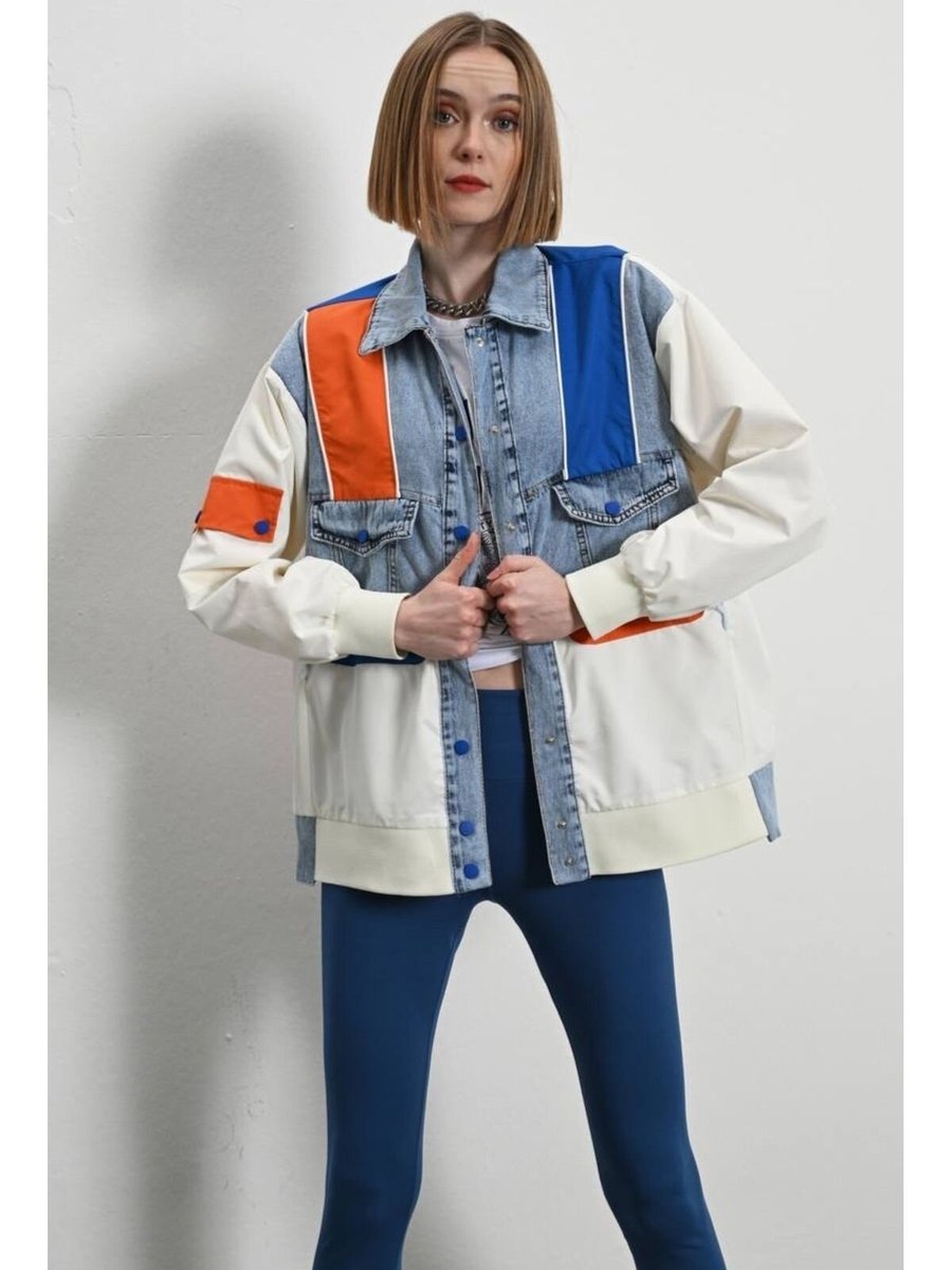 İLKCET MODA Krem Turuncu Mavi Mix Renkli Biyeli Oversize Ceket