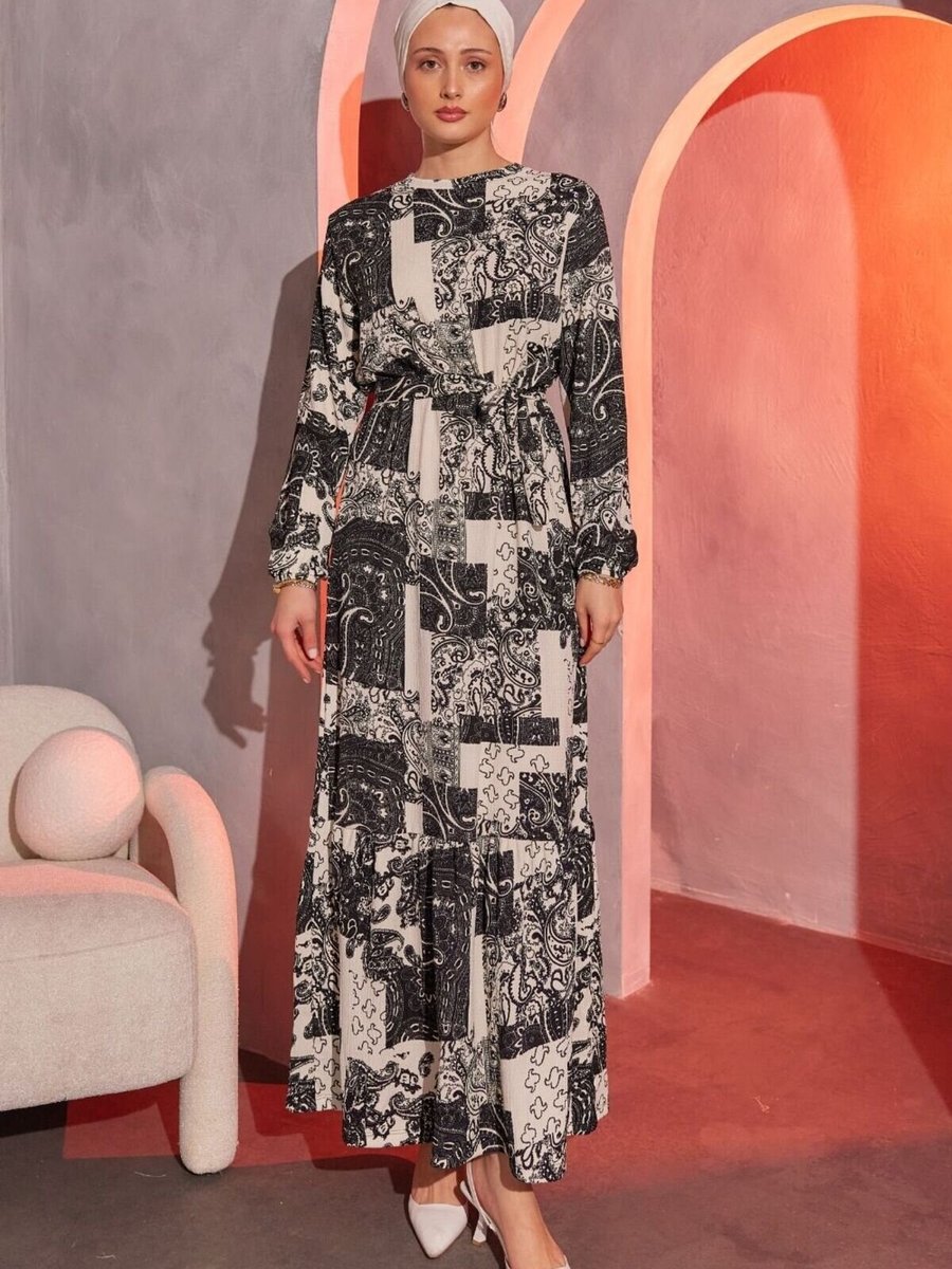 Mec Fashion Siyah Desenli Bürümcük Elbise