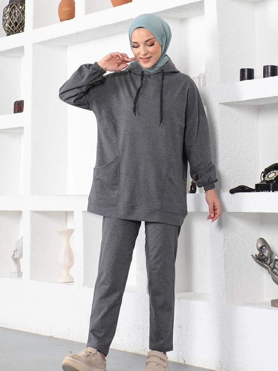 Mec Fashion Antrasit Kapüşonlu Spor İkili Takım