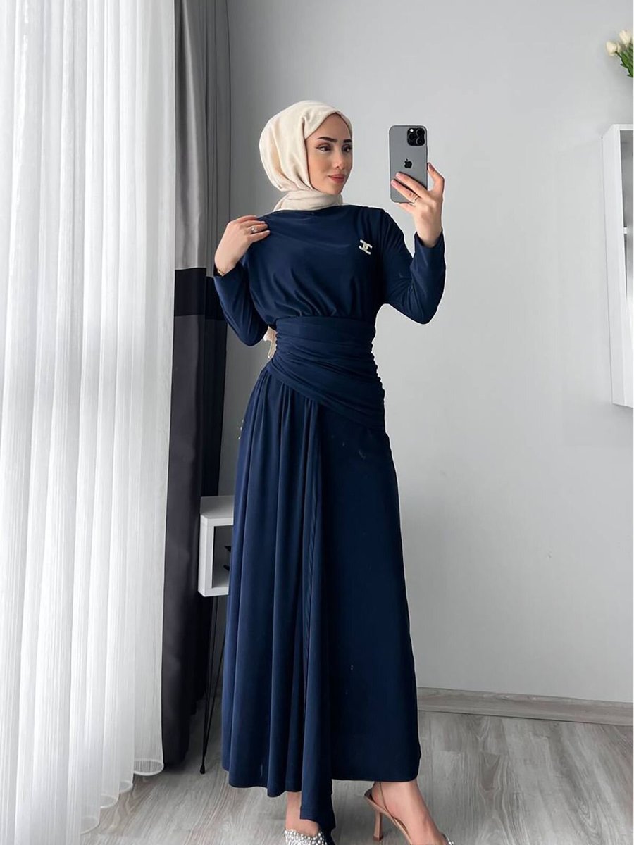 XXL BUTİK Lacivert Likralı Drapeli Elbise