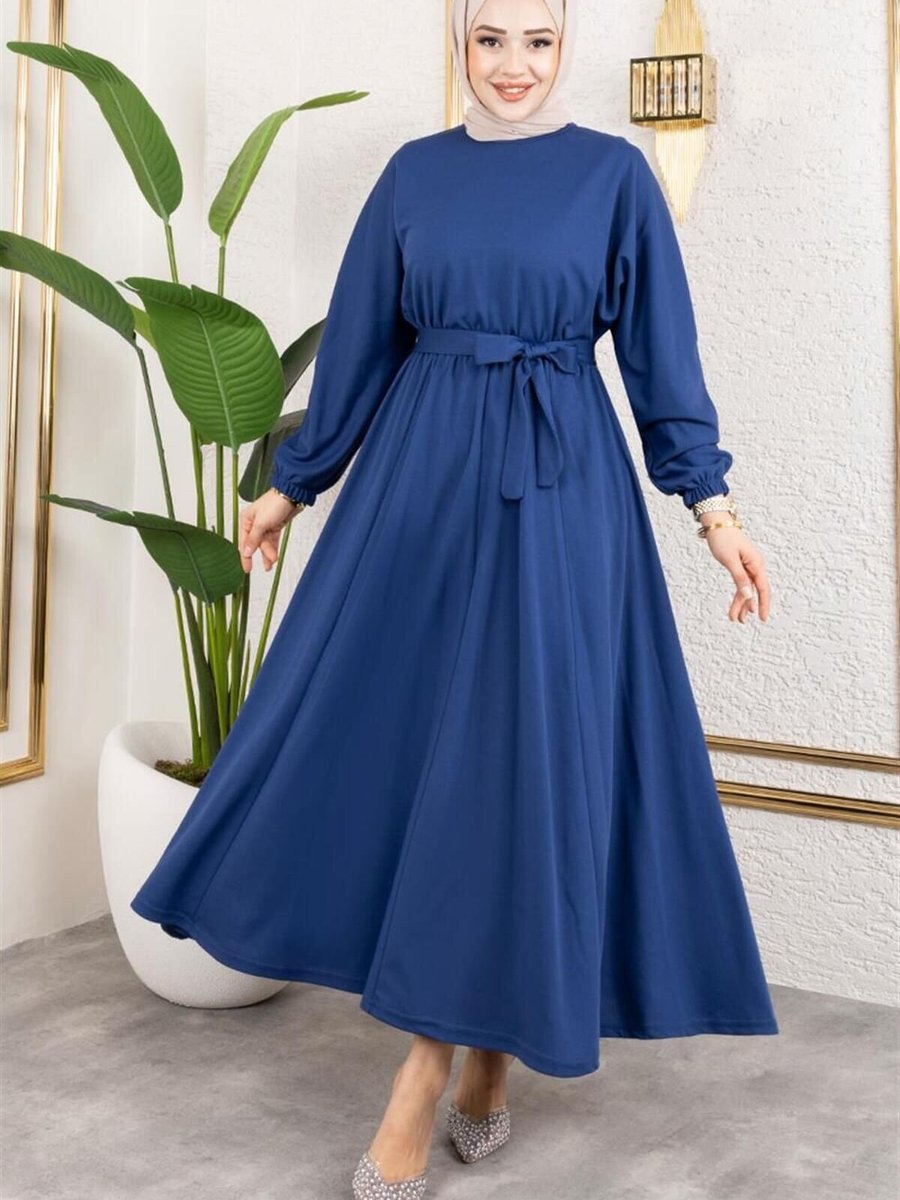 Mec Fashion İndigo Beli Büzgülü Kemerli Elbise