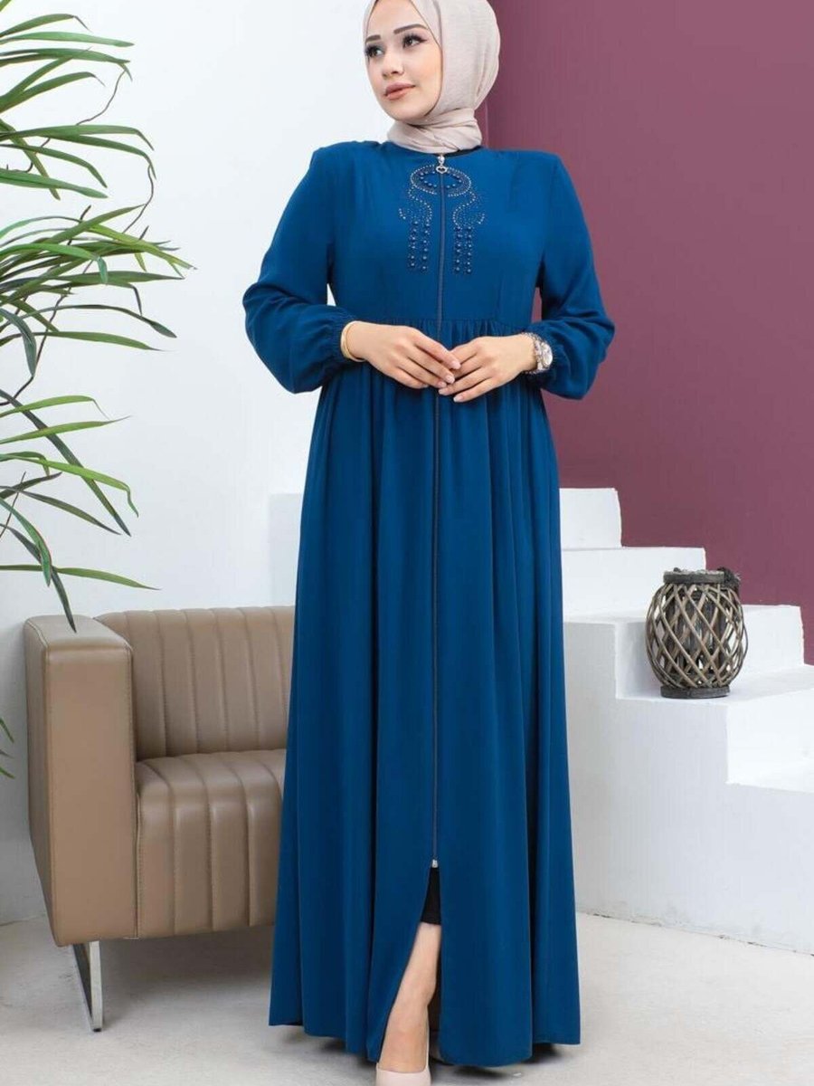 Mec Fashion İndigo Boncuklu İşlemeli Ferace