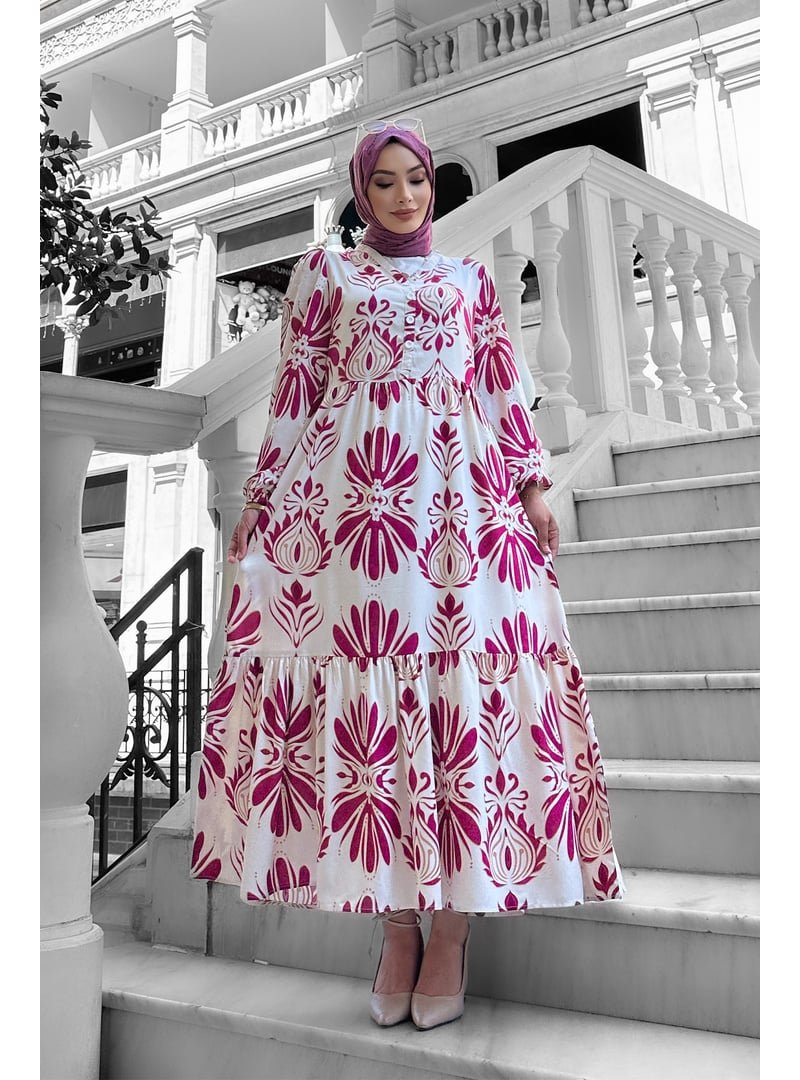 Liz Butik Fuşya Bohem Desenli Viskon Elbise