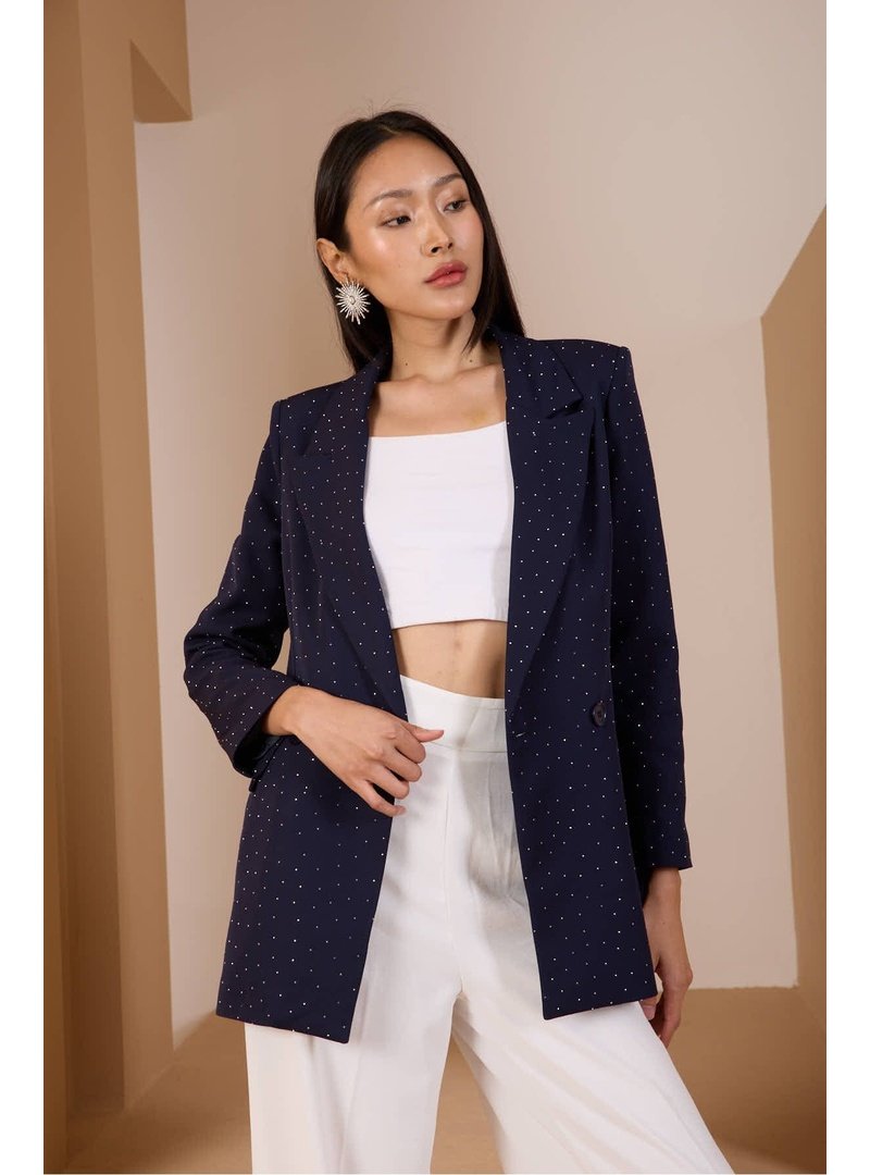 Bolivente Lacivert Regular Dokuma Astarlı Taş Detaylı Blazer Ceket