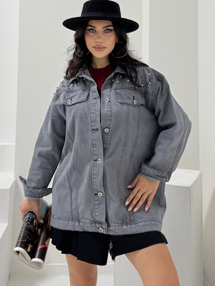 Tofisa Gri Omuz Taş Detaylı Oversize Kot Ceket