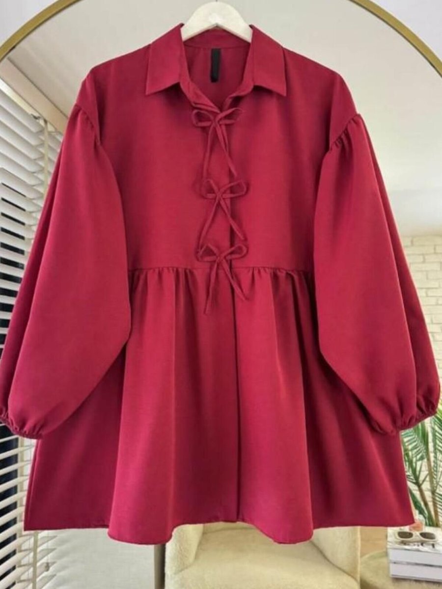 Nergis Neva Butik Bordo Poplin Kumaş Fiyonklu Balon Kol Tunik